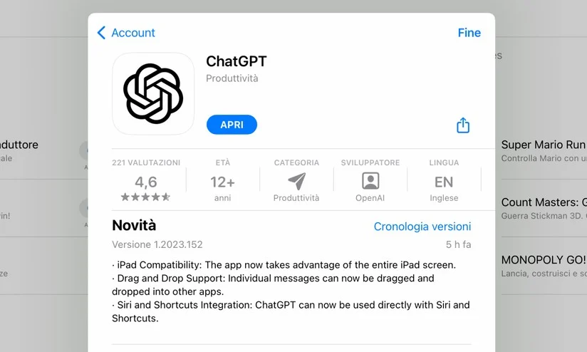ChatGPT per iPad ora disponibile